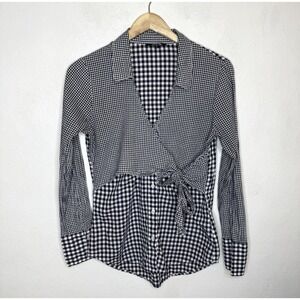 Express Blue‎ Gingham Button Up Women's Small Tie Front Collared V-neck Preppy
